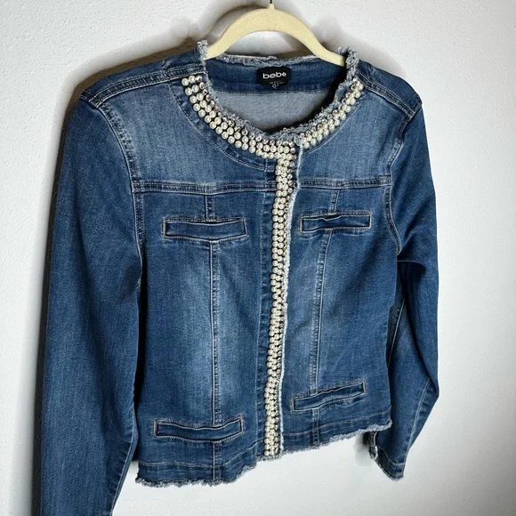 Bebe Pearl And Rhinestone Denim Jacket size small - Picture 2 of 5